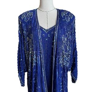 RARE Vintage 80s Judith Ann 2 pc Blue Silk Sequin Beaded Kimono Jacket and Dress